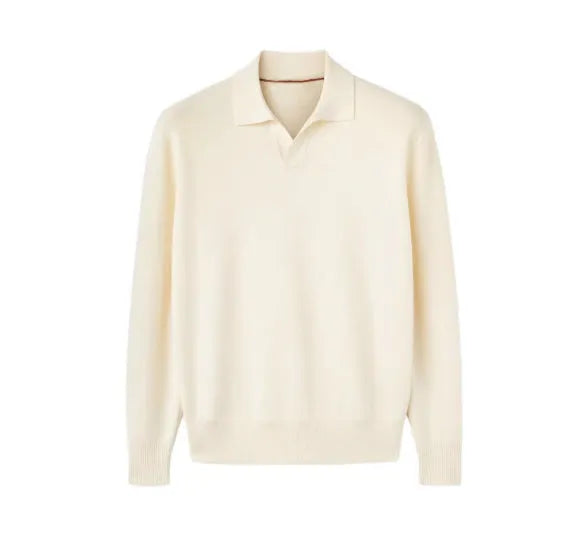 Man's milky white pure wool polo sweater with a lapel collar, shown in a loose fit.