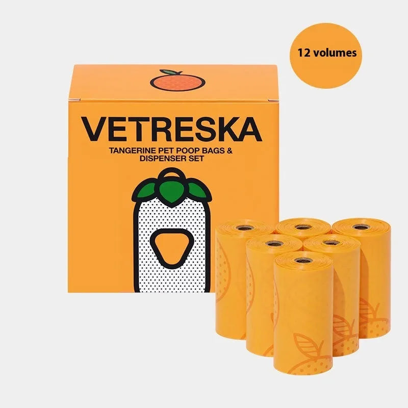 Portable dog poo bag dispenser capsule with scented inner roll in strawberry, orange or cherry blossom options