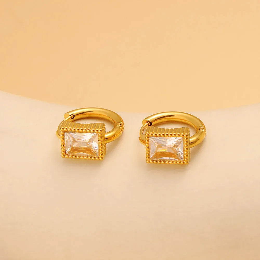 Square zircon stainless steel earrings with geometric design in white, black or green colours