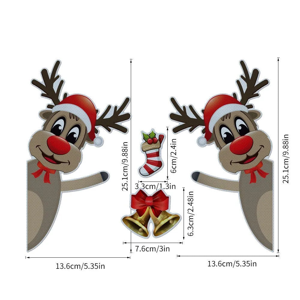 Set of magnetic Christmas elk bell cartoon design bumper stickers with reflective luminous finish.