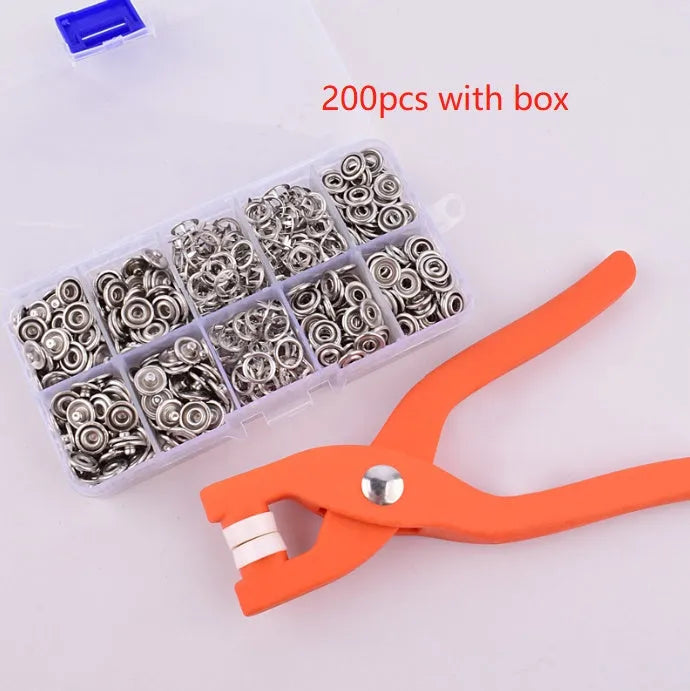 Stainless steel five claw no-sew suit buttons and application pliers for children's clothing.