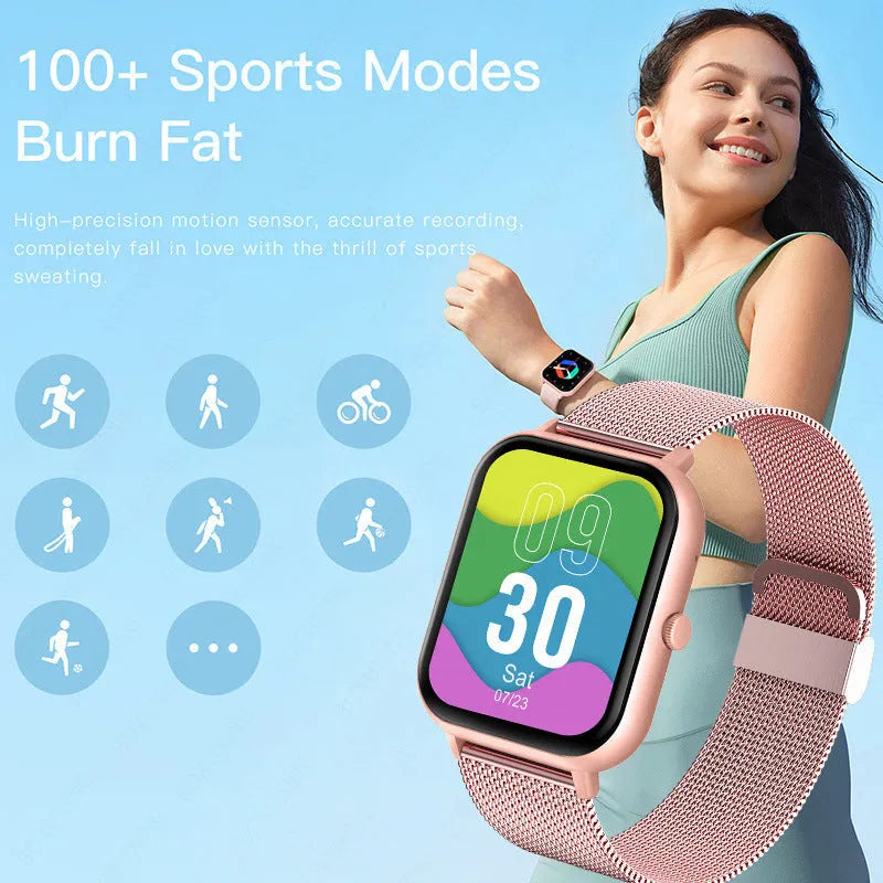 ZL54C smart watch showing AMOLED display with health monitoring metrics and Milan steel strap