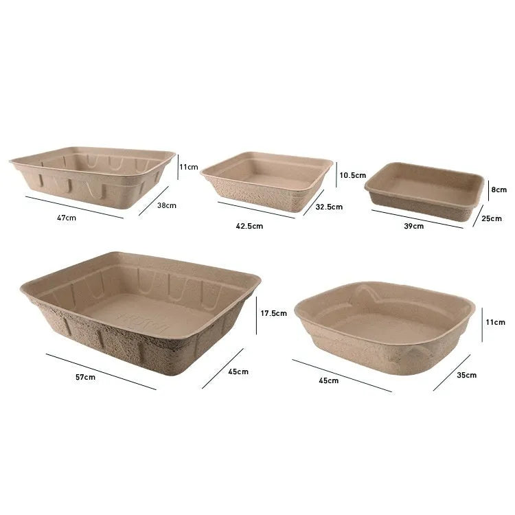 Brown disposable biodegradable cat litter box showing three size options for small litter trays