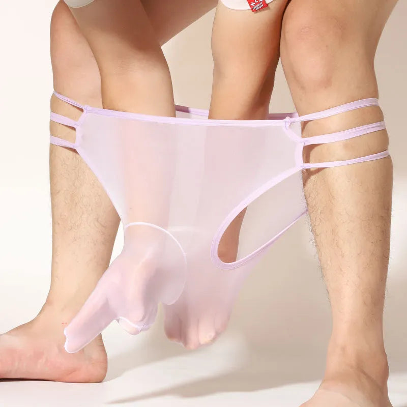 Men's fully transparent elephant nose shorts in a solid colour on a mid waist, showing the nylon fabric and design.
