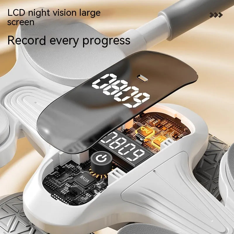 White household fitness roller with LED screen for belly contracting and rolling exercises.