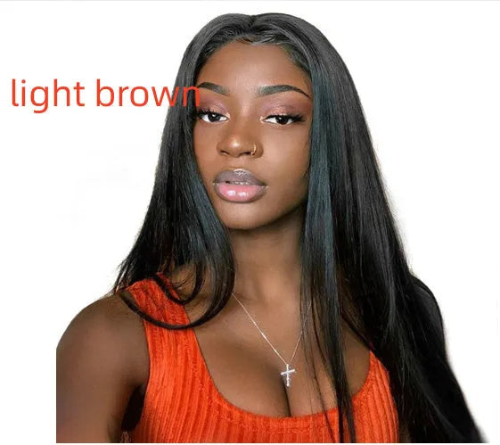 Women's long straight black wig with centre-parted bangs made from high-temperature fibre.