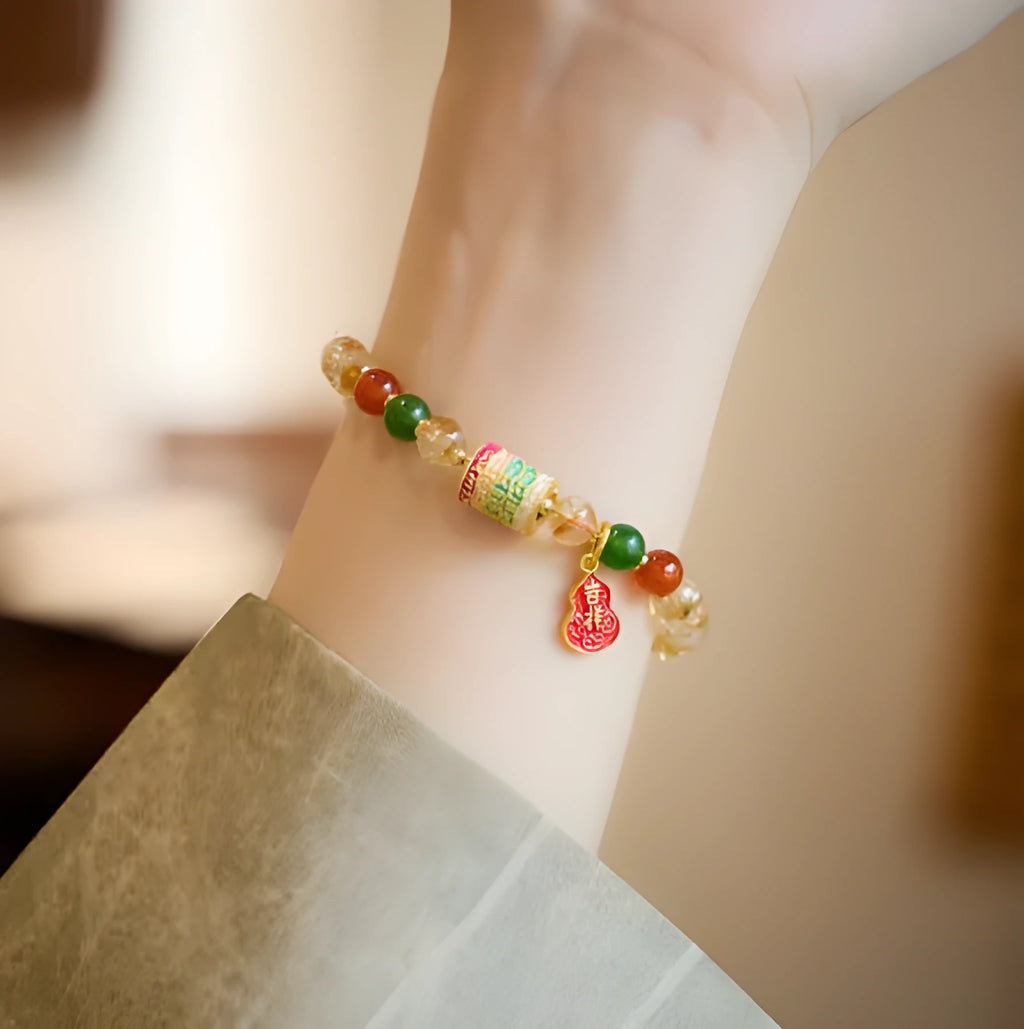 Hand-woven citrine five sutra bracelet with 6mm crystal beads in geometry pattern