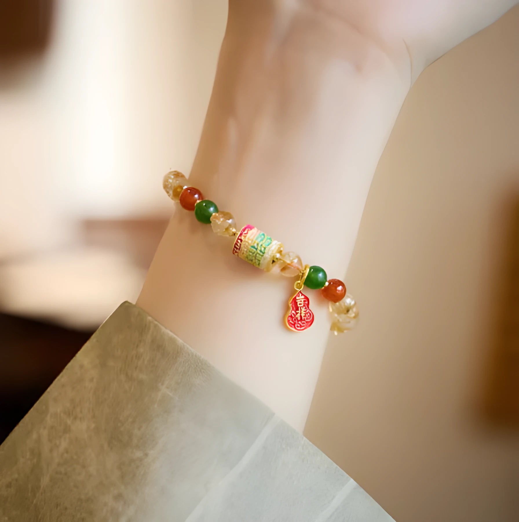 Hand-woven citrine five sutra bracelet with 6mm crystal beads in geometry pattern