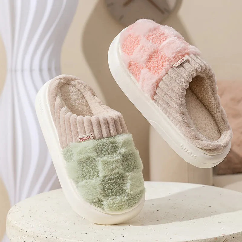 Women's plaid pattern plush indoor slippers with coral velvet upper and anti-slip sole in coffee colour.