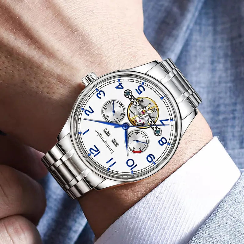 Men's business mechanical watch with stainless steel case, sapphire crystal, leather strap, hollow dial, and transparent caseback