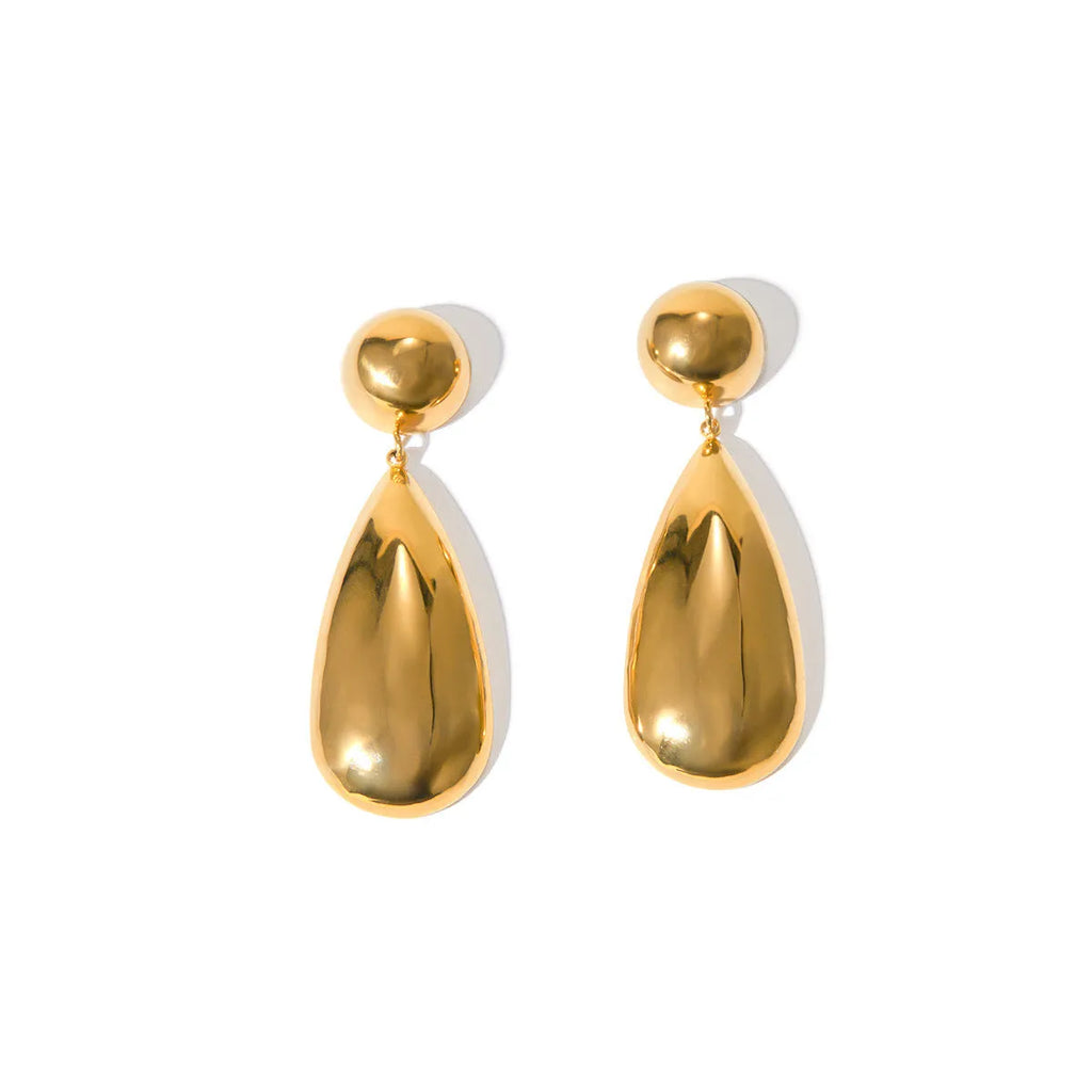 Gold electroplated stainless steel water drop pendant earrings with geometric hemisphere shapes