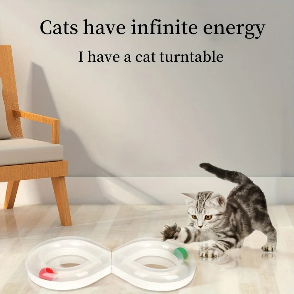 Blue and white cat turntable track toy with self-rotating ball and teasing stick