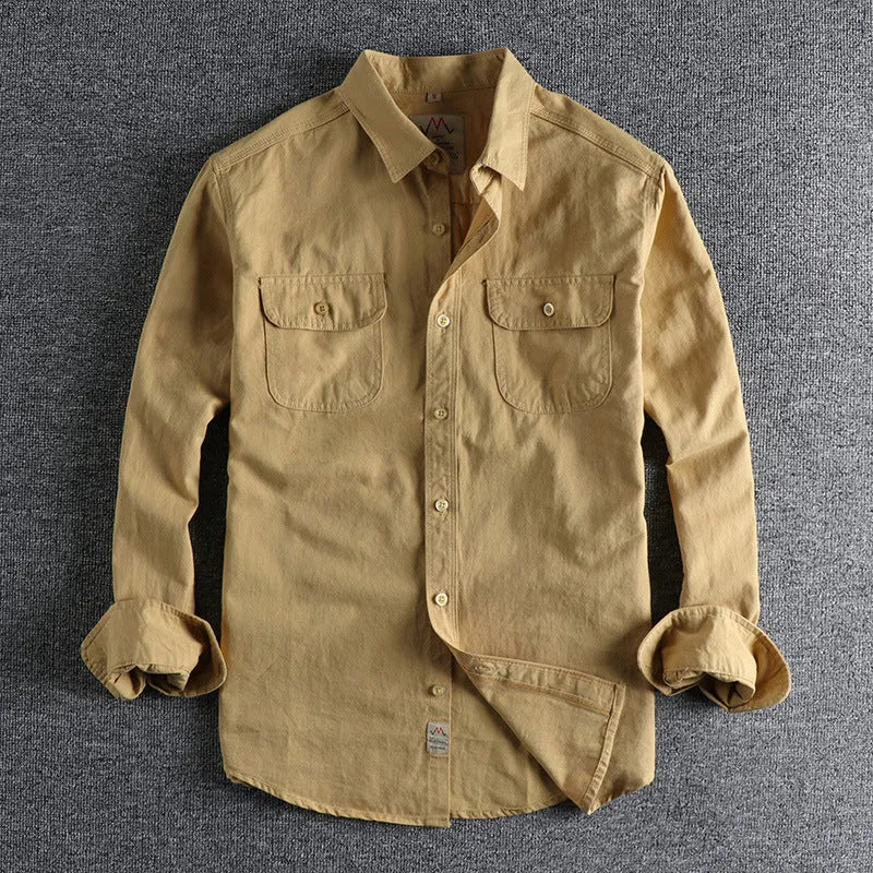 Men's retro style cotton cardigan shirt in light blue solid colour with long sleeves