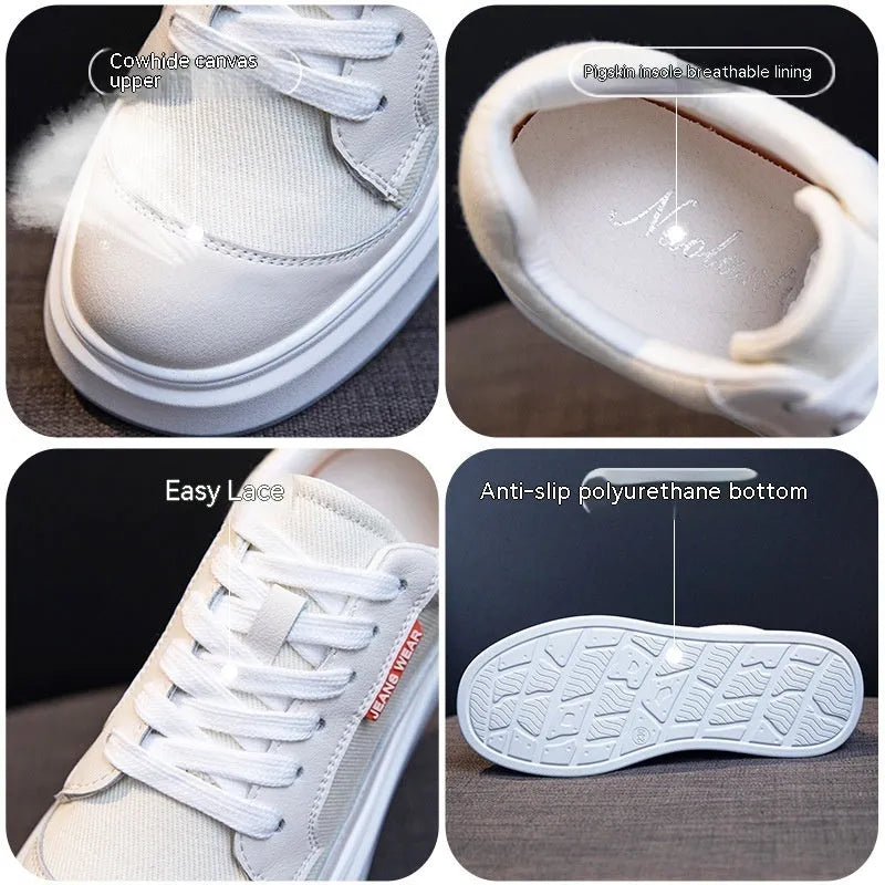 Beige and pink women's leather board shoes with thick soles shown from the side.
