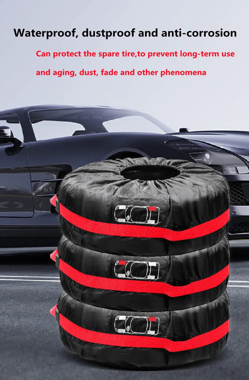 Oxford cloth 210D car tyre protective cover set of 4 in black belt style on a parked car