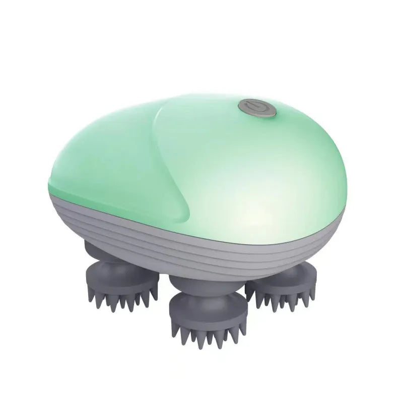 Blue handheld electric pet massager with four rotating heads on a white background