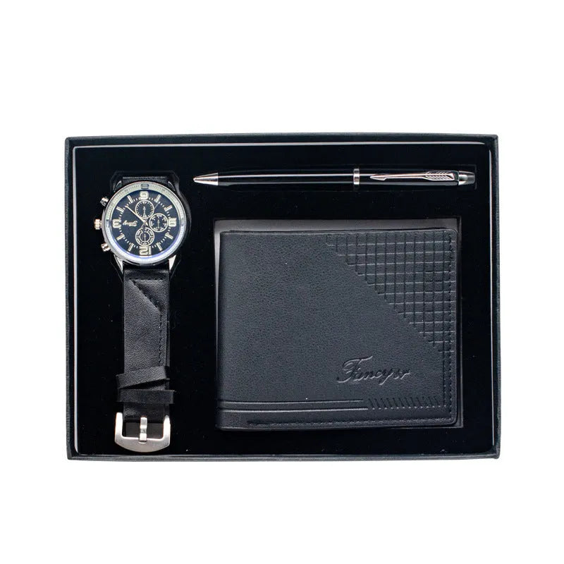 Creative holiday gift set containing wallet, pen and watch in brown or black colour options