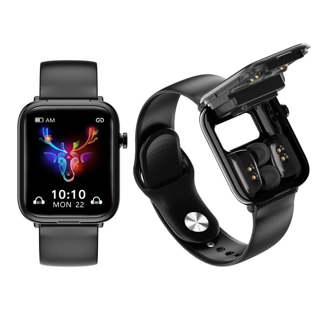Black zinc alloy smartwatch with 1.69-inch touchscreen and wireless earpieces in charging case.