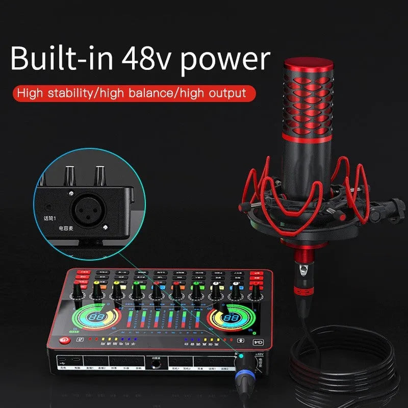 G4 professional live sound card mixer with LCD screen, control knobs, and included microphone on a desk