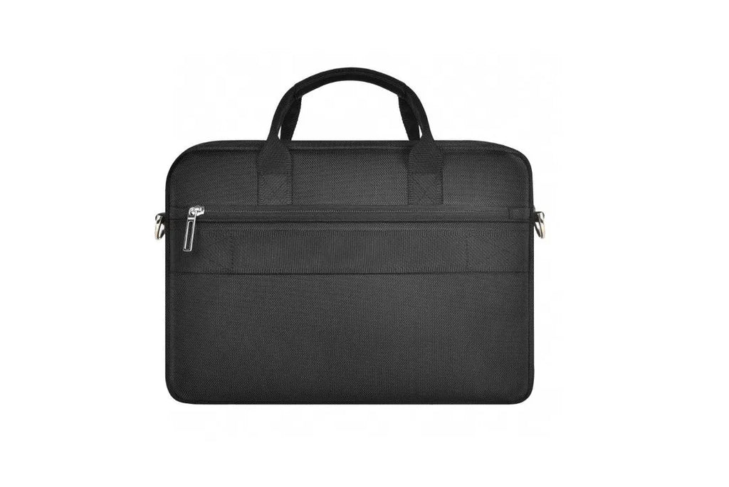 Black Oxford cloth laptop backpack showing multi-pocket interior and a lock on the front.