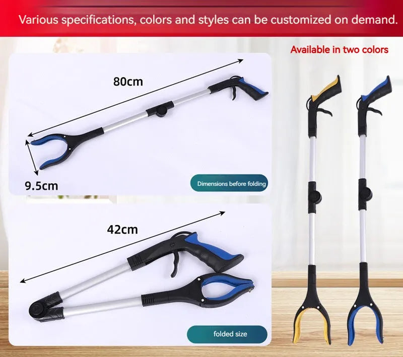 Foldable aluminium garbage clamp with extended silver rod and blue handle, showing magnet sucker attachment.