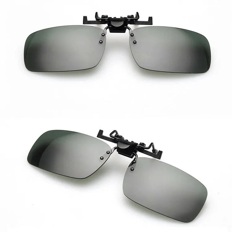 PC clip-on sunglasses accessory for prescription glasses in large or small size with gray, green, or night vision lens.