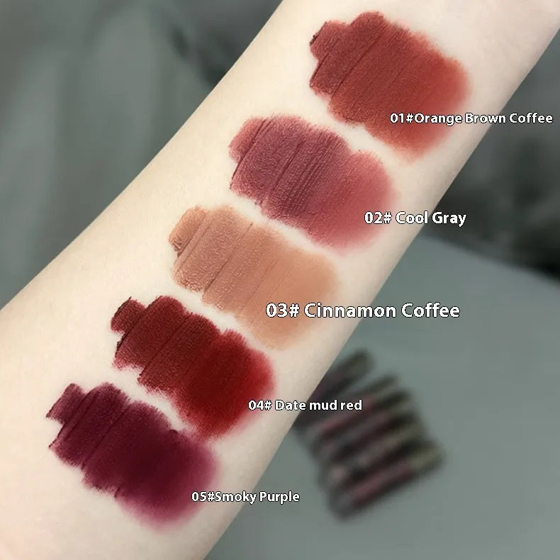 Lava Secret Matte Lip Mud Lipstick in five colours: Orange Brown Coffee, Cool Gray, Cinnamon Coffee, Jujube Red, Smoked Purple.