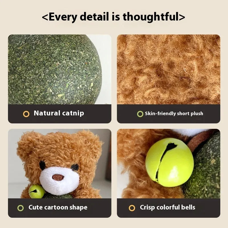 Plush catnip ball toy with mint ball inside and bell, measuring 15cm high, in assorted animal colour designs