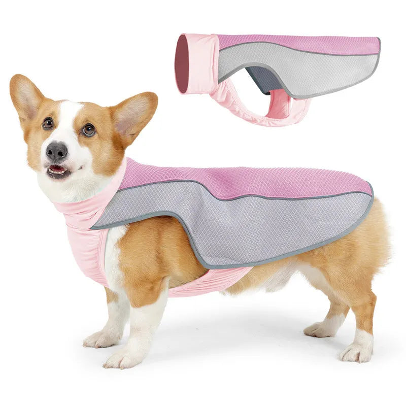 Light grey polyester dog cooling vest on a model dog showing chest and back fit.