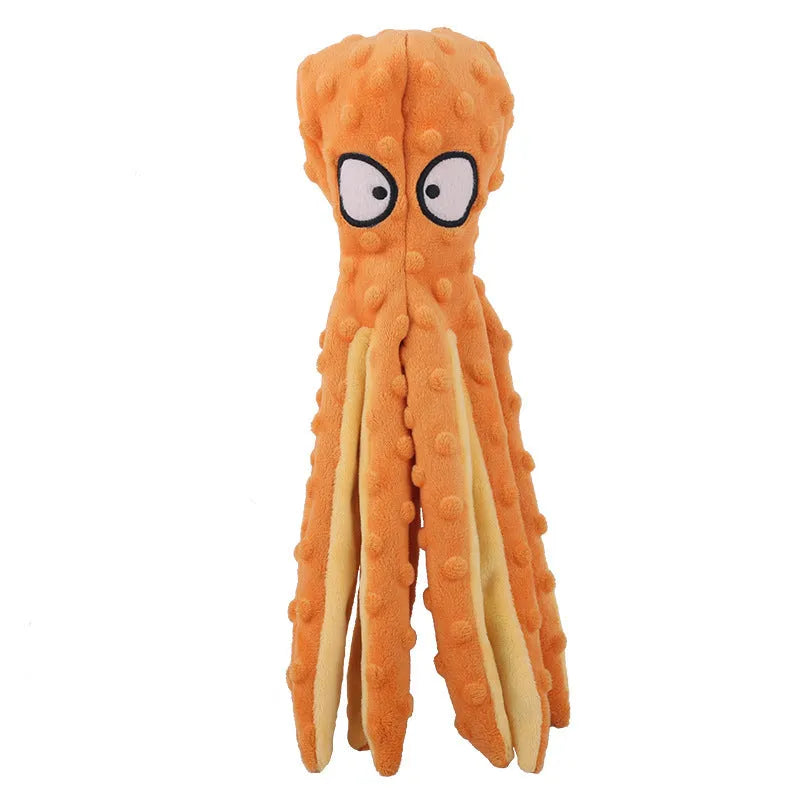 Blue octopus-shaped dog chew toy with crinkle sounds, unfilled construction, bite-resistant mesh material