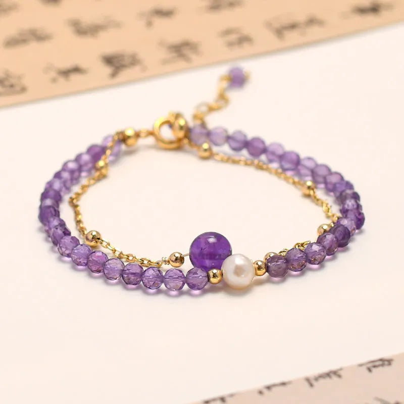 Chinese style amethyst crystal bracelet with diamond shapes and electroplated finish for women.