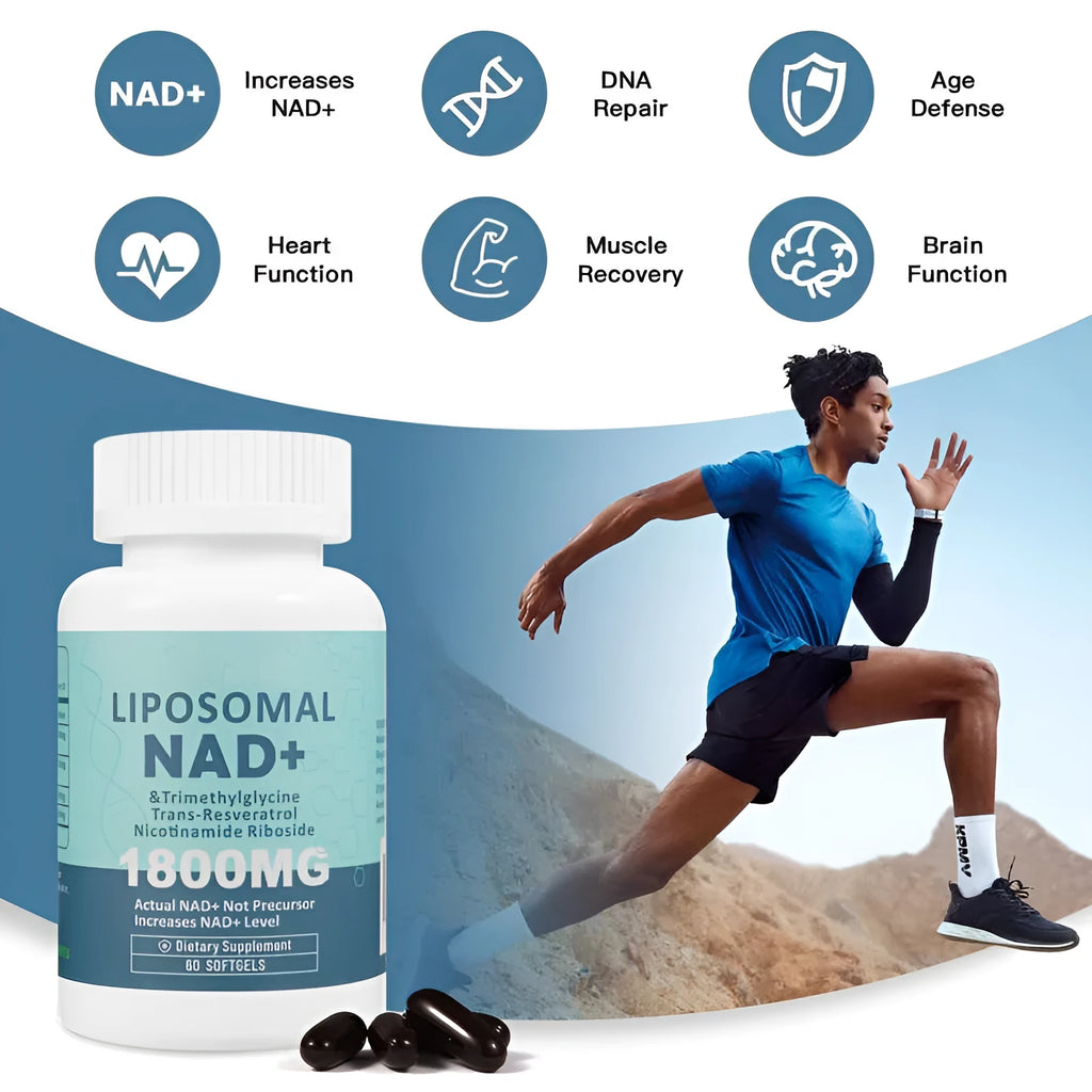 Bottle of NMN gel capsules, available in 60 piece or 120 piece counts.
