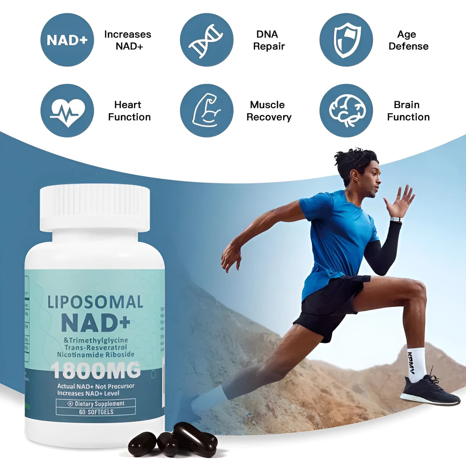 Bottle of NMN gel capsules, available in 60 piece or 120 piece counts.