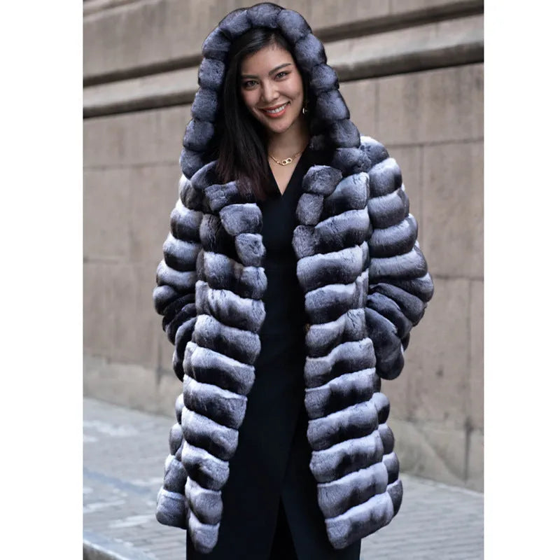 Zebra stripe faux fur overcoat for women, mid-length 65cm, regular sleeves, artificial mink fabric, size S-9XL