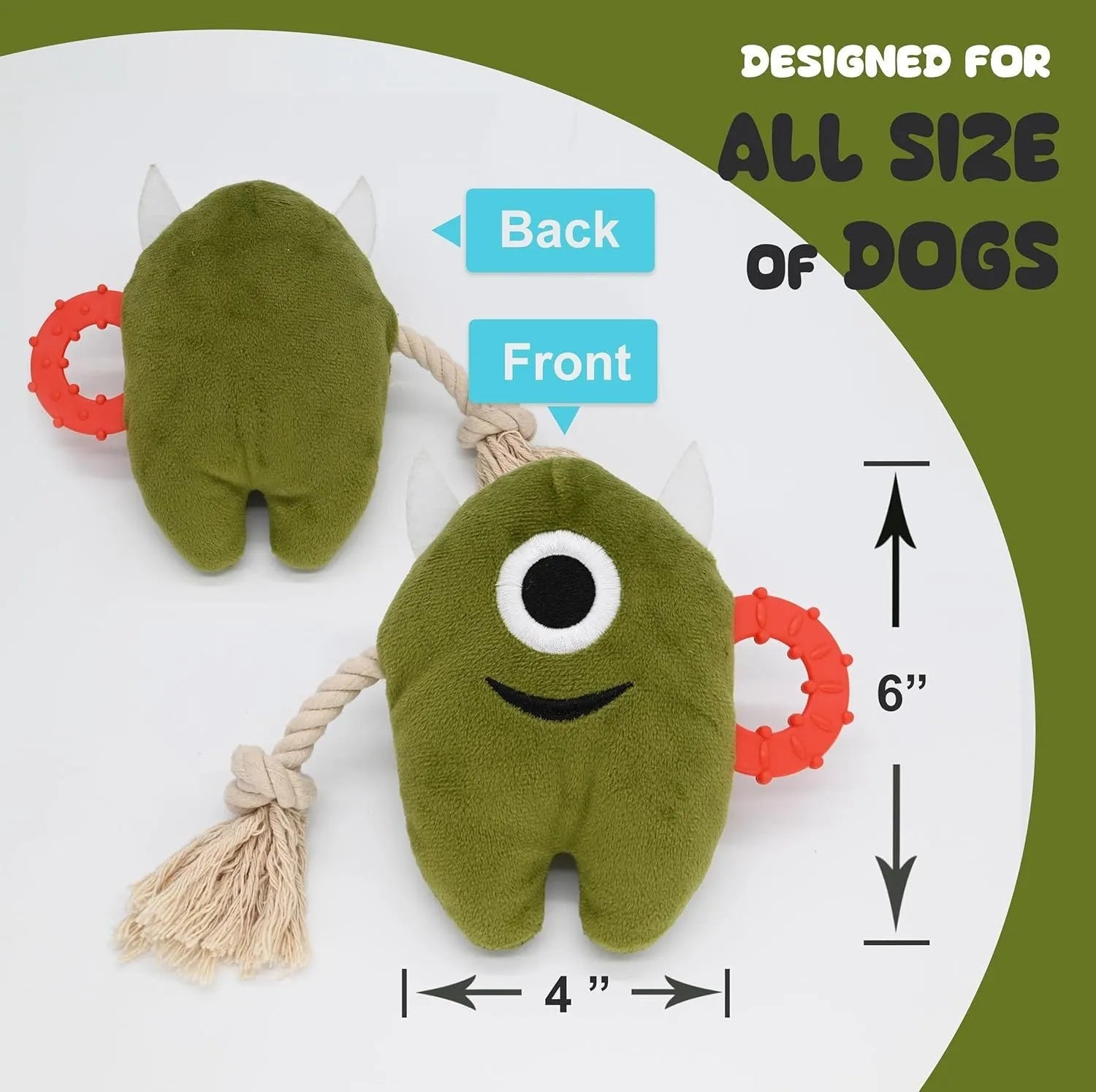 Blue and green plush monster dog toy with integrated cotton rope tug section