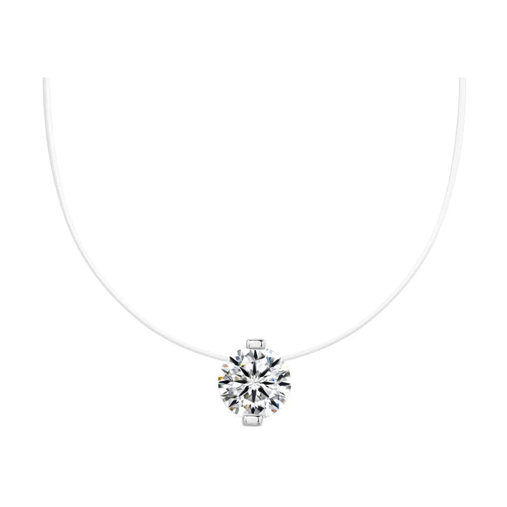 Close-up of a women's S925 silver moissanite pendant necklace on an invisible fishing line chain.