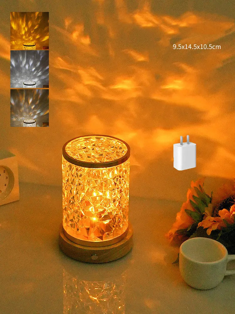 Rotating water ripple night light on solid wood base with USB charging cable