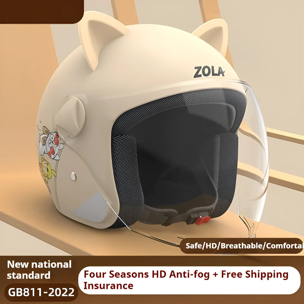 Winter electric bicycle helmet with anti-fog visor and attached scarf shown in blue colour option