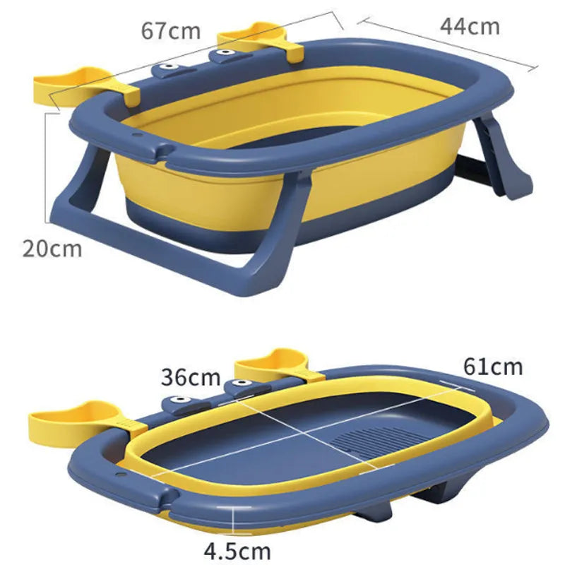 Blue foldable portable pet tub for small dogs and cats, shown with dimensions.