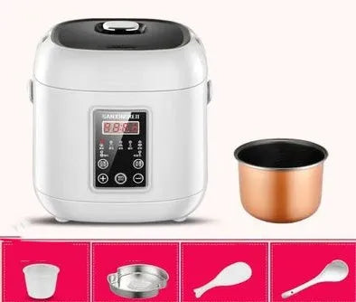 Compact round miniature rice cooker with steam pan and non-stick liner for one to two person cooking
