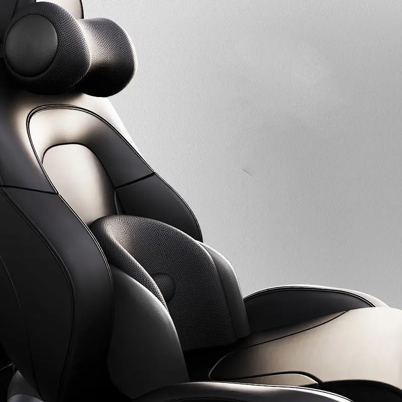 A black car massage cushion with electric vibration controls, placed on a car seat for neck and lumbar support.