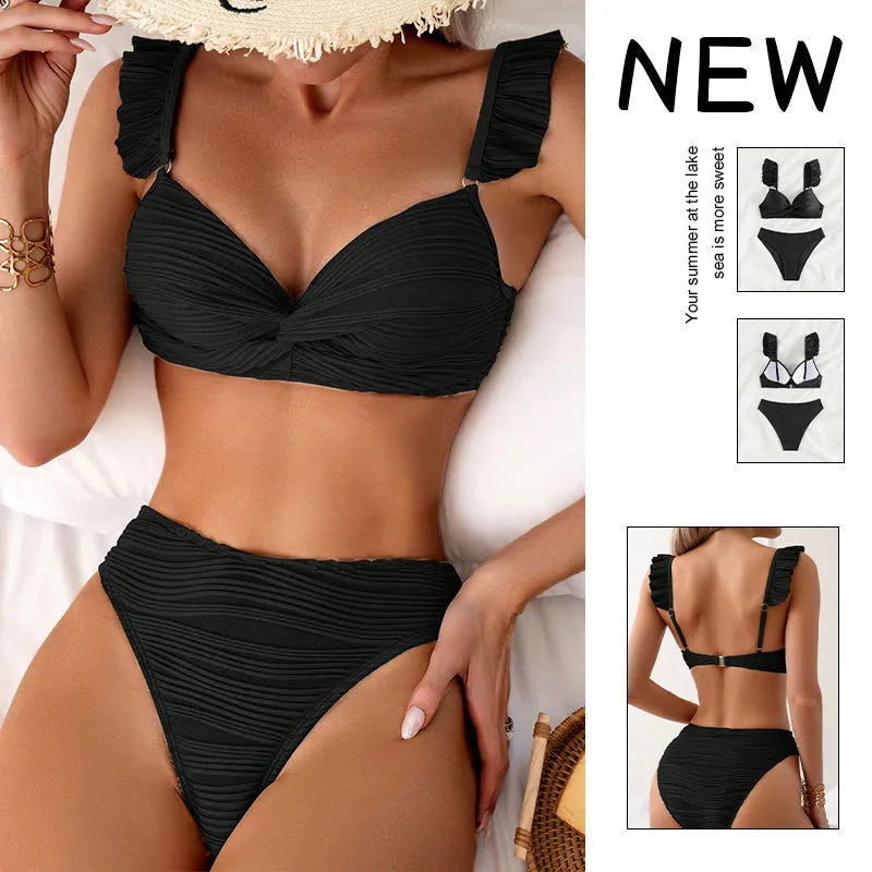 Solid colour women's polyester bikini set in black or khaki options