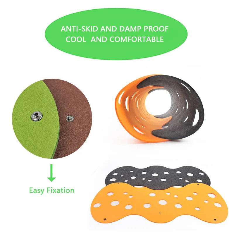 Deformable felt cat tunnel with peepholes in cement grey and orange, assembled on floor