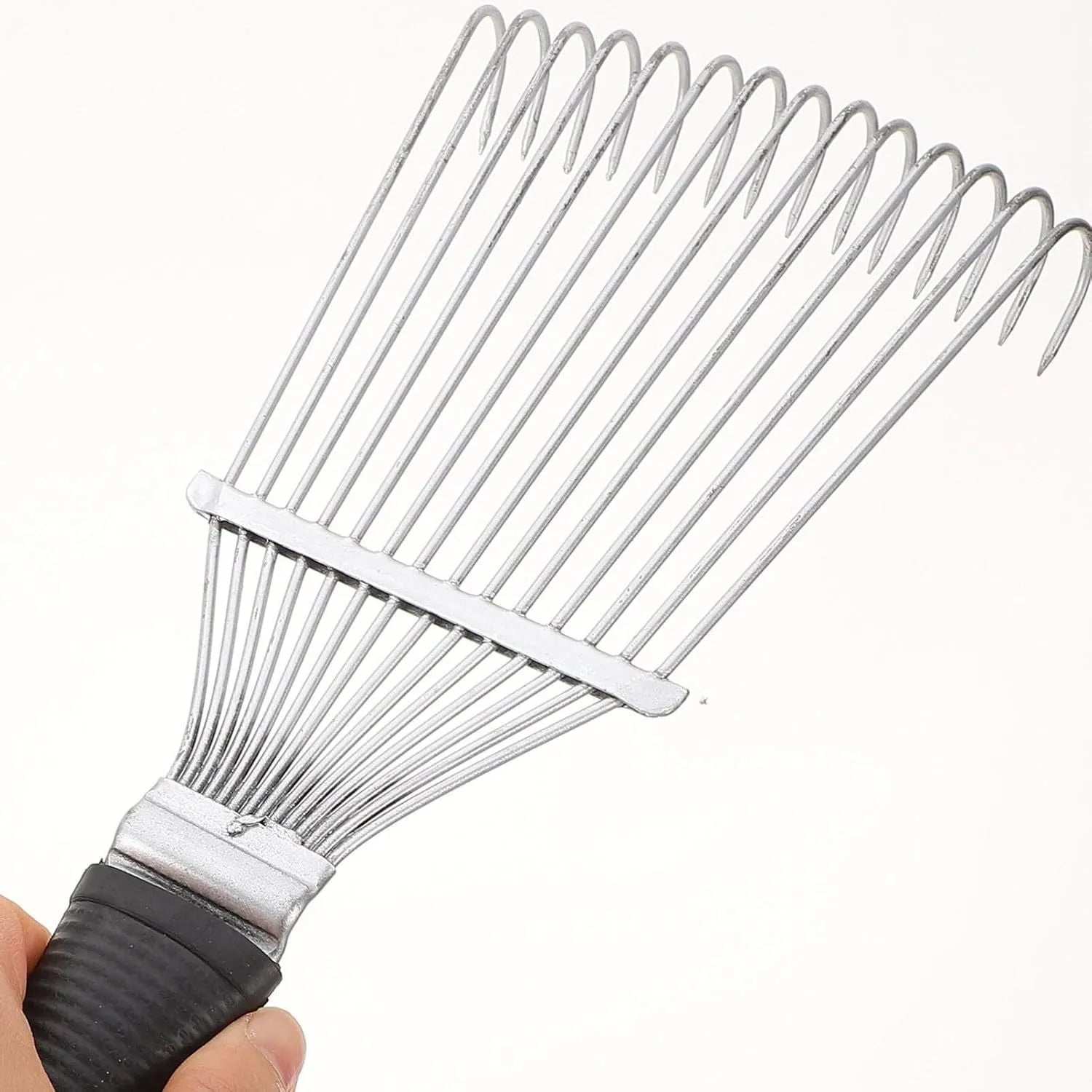 Black stainless steel pet and livestock dematting brush with metal comb teeth, 33cm long.