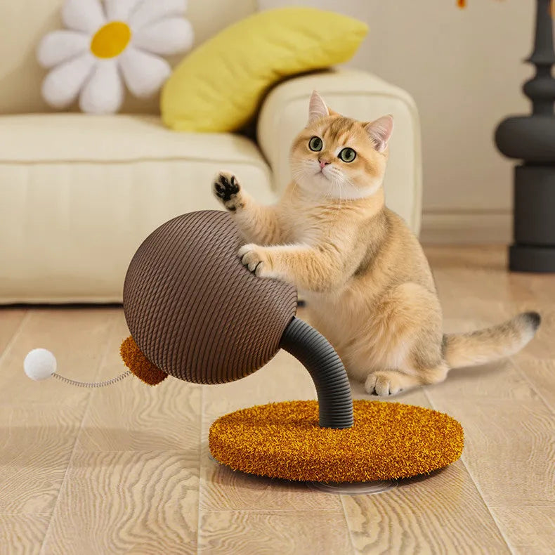 Hemp rope cat scratching board with anti-scratch design and self-hi relieving tumbler feature