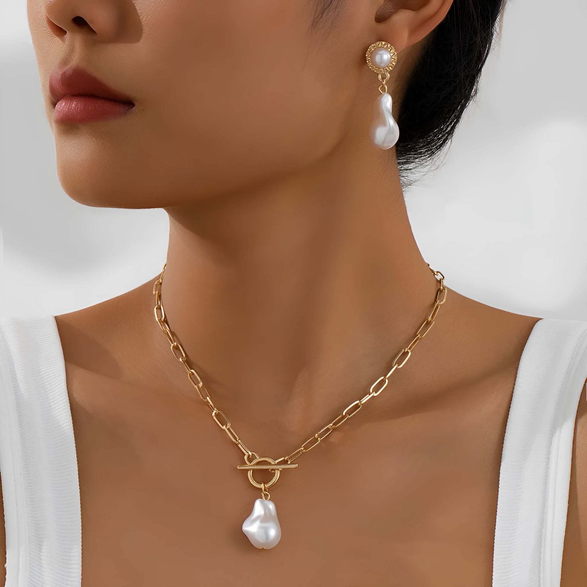 Gold colour retro baroque pearl necklace and earring jewellery set for women