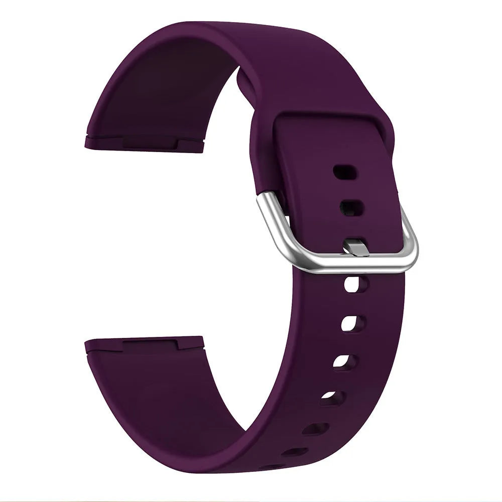 Solid colour silicone replacement strap with silver buckle for Fitbit Versa 3 and Sense 2 smartwatches.