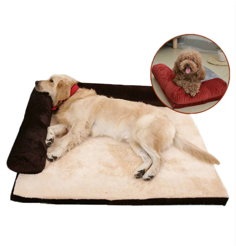Corduroy dog bed sofa showing coffee colour option with non-slip base and four size variations