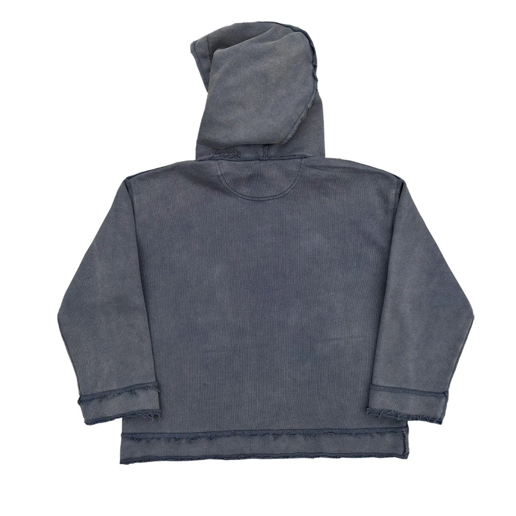Dark blue hooded sweatshirt with The Sun Also Rises graphic, showing crewneck and long sleeves.