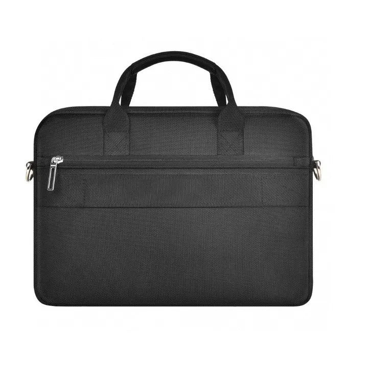 Black Oxford cloth laptop backpack showing multi-pocket interior and a lock on the front.